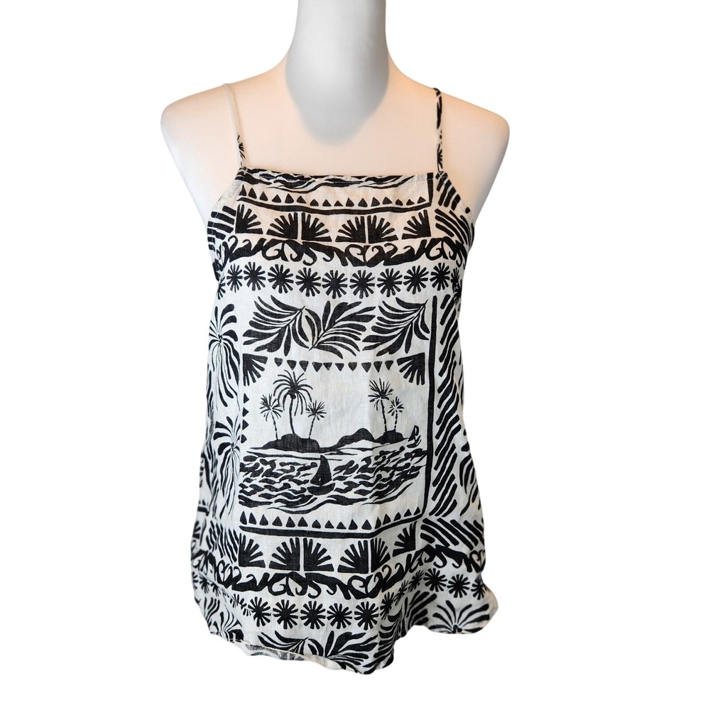 Rachel Zoe Tank‎ Top Tropical Ocean Scene Black White 100% Linen Boho Large
